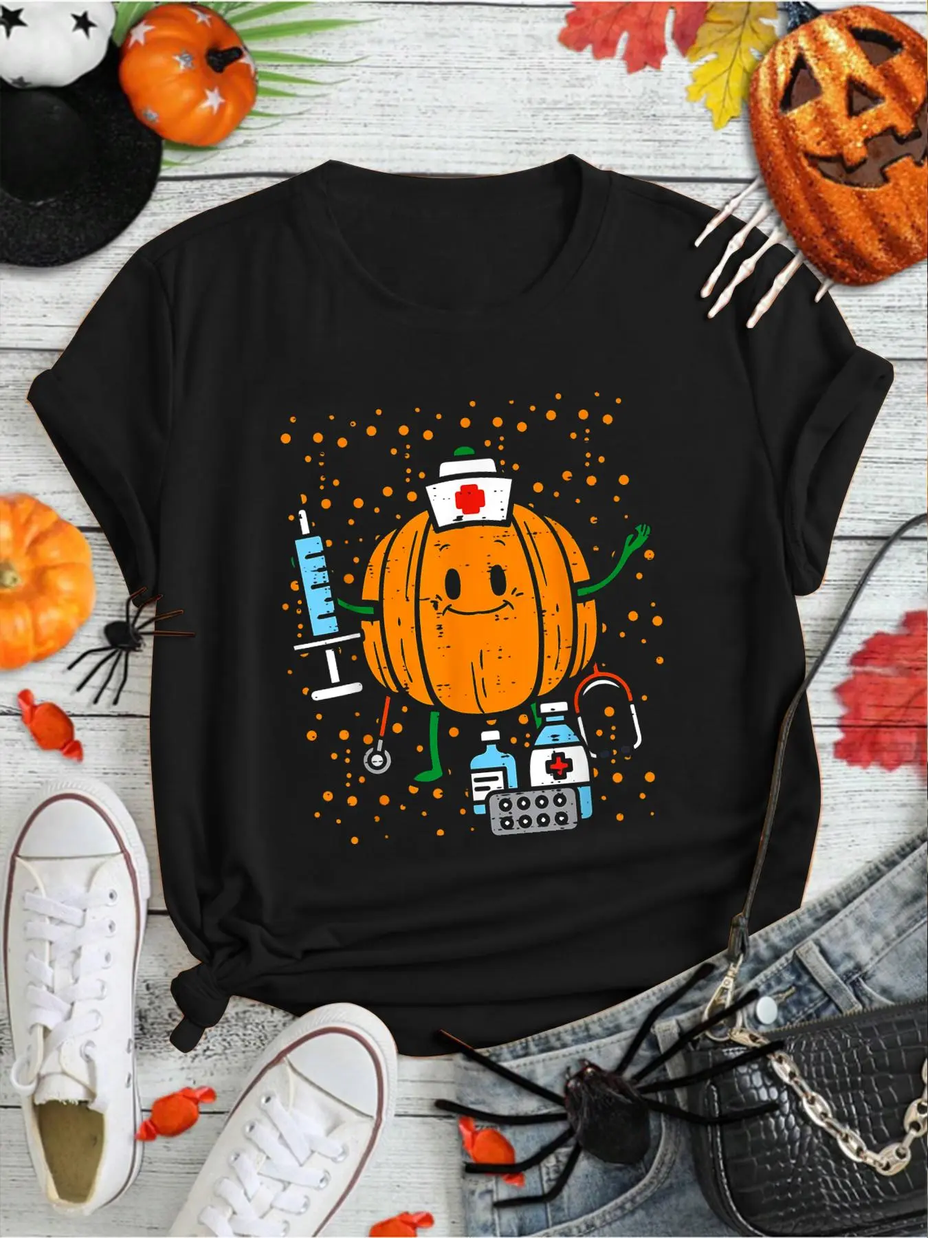 100% Cotton Halloween Nurse Pumpkin Nursing Scrub Top Costume Women Men T-Shirt Print Round Neck Short Sleeve Streetwear Fashion Breathable Homme Soft Unisex Designer Clothes For Women Casual Clothes