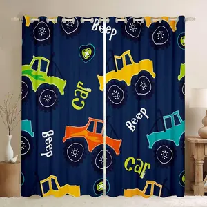 Feelyou Cartoon Pattern Blackout Curtain - 30%-50% Darkening Drape, 2 Panels Bedroom Window Treatment, 42x63 Inch Construction/Equipment Truck Comter Curtain, Two Panels