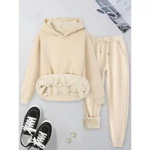 Plus Size Two-Piece Set: Solid Thermal-Lined Hoodie & Drawstring-Waist Pocket Sweatpants, Casual Long-Sleeve Hooded Sweatshirt & Jogger Pants, Women’s Two-Piece Outfit for Winter