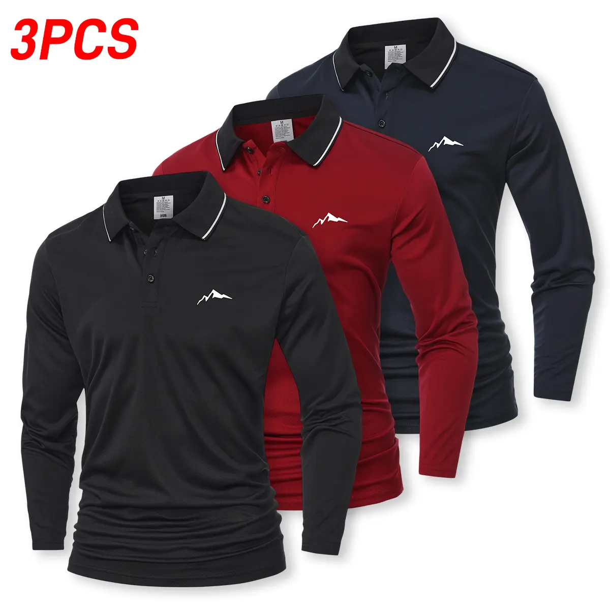 3-piece set of men’s summer long-sleeve polo shirts with a turn-down collar, golf shirts, casual sportswear tops for men, available in multiple colors, stylish printed design, versatile and fashionable