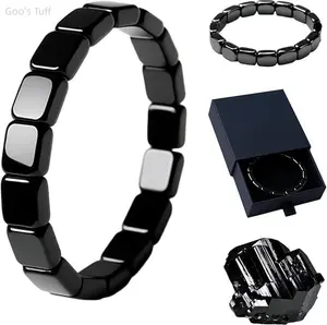 Men's Elastic Square Hematite Black Beaded Bracelet - Stretch, Comfortable, Minimalist Everyday Stacking Costume Jewelry