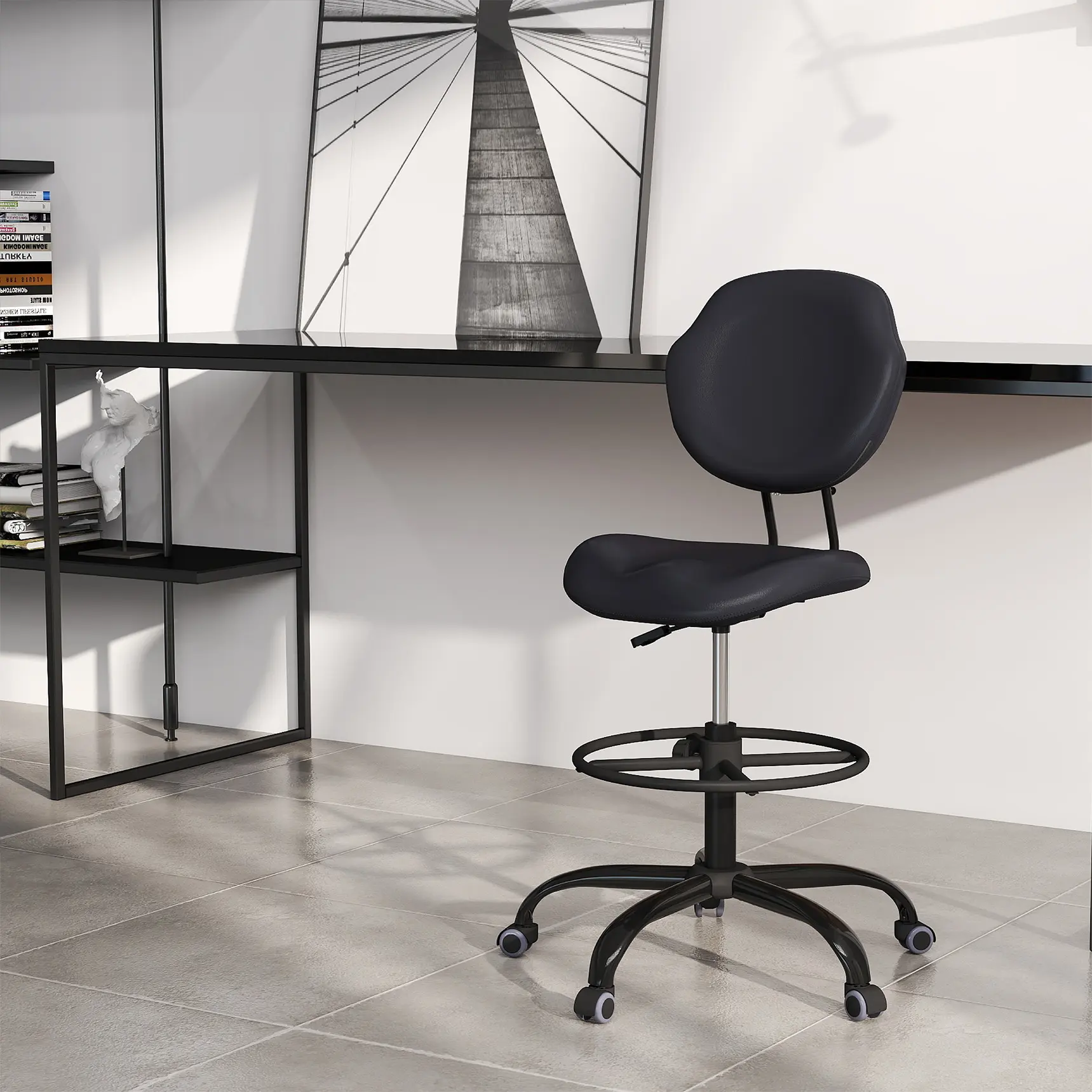ERMNOIS Drafting Chair with Back Support, Tall/High Desk Rolling Stool with Footrest Ring, Faux Leather Office Chair with Height Adjustable for Standing Desk, Home Office, Bar, Workbench & Kitchen