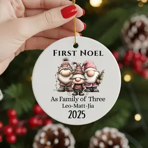 First Noel Family Ornament - Personalized Ceramic Keepsake with Adorable Gnome Family of Three, Custom Names & 2025 Print, Perfect for New Parents Fairy Round Gift Tree Glossy Decor Decoration Christmas