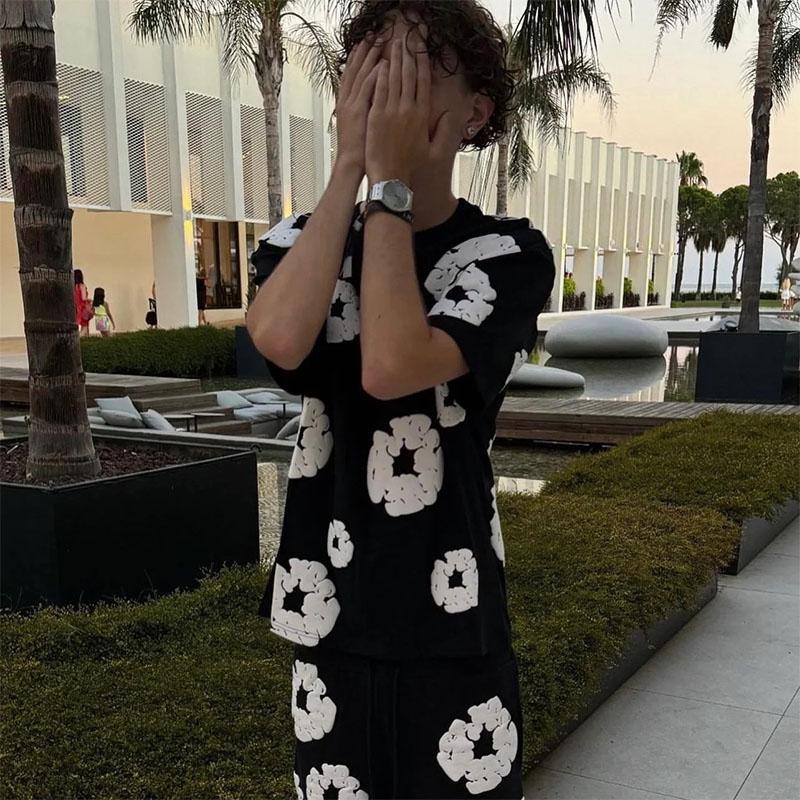 American Trendy Cotton T-Shirt & Slim-Fit Long Pants Hoodies Set Retro Kapok Flower Foamed Print Logo Drawstring Beach Shorts Stretchy Wide Leg Athletic Shorts