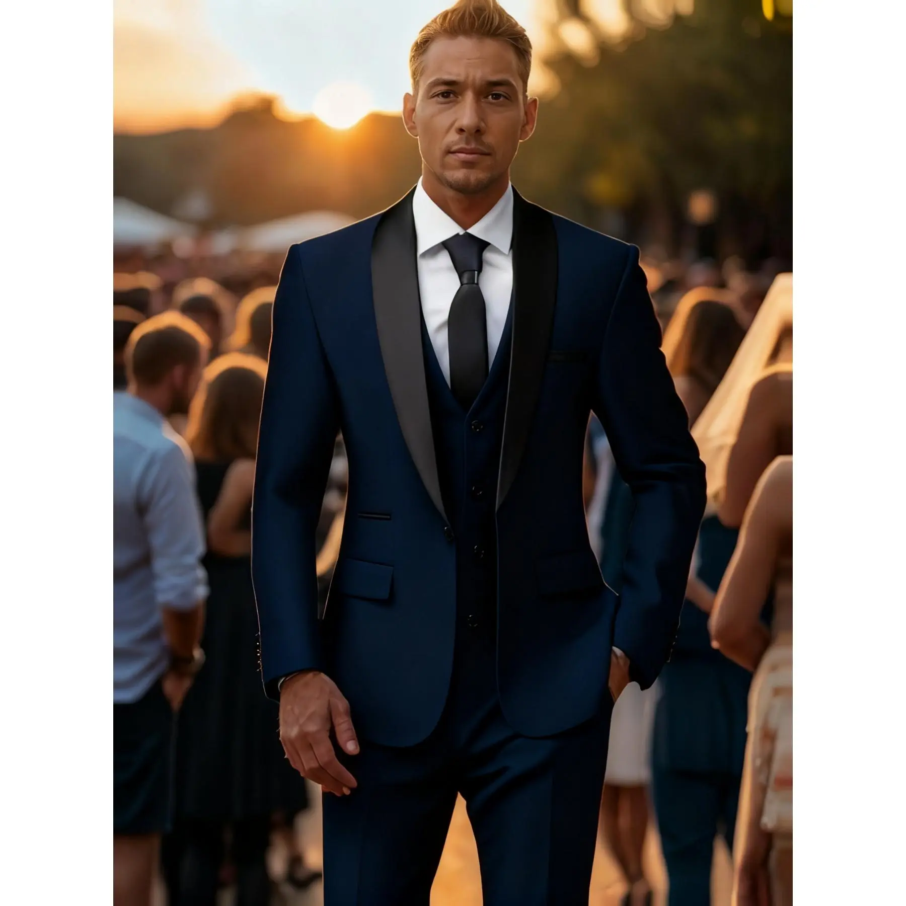 Men's 3-Piece Plain Polyester Blend Dapper Shawl Lapel Fitted Suit - Long Sleeve Menswear Formal Set with Suit Jacket for Business, Wedding Events