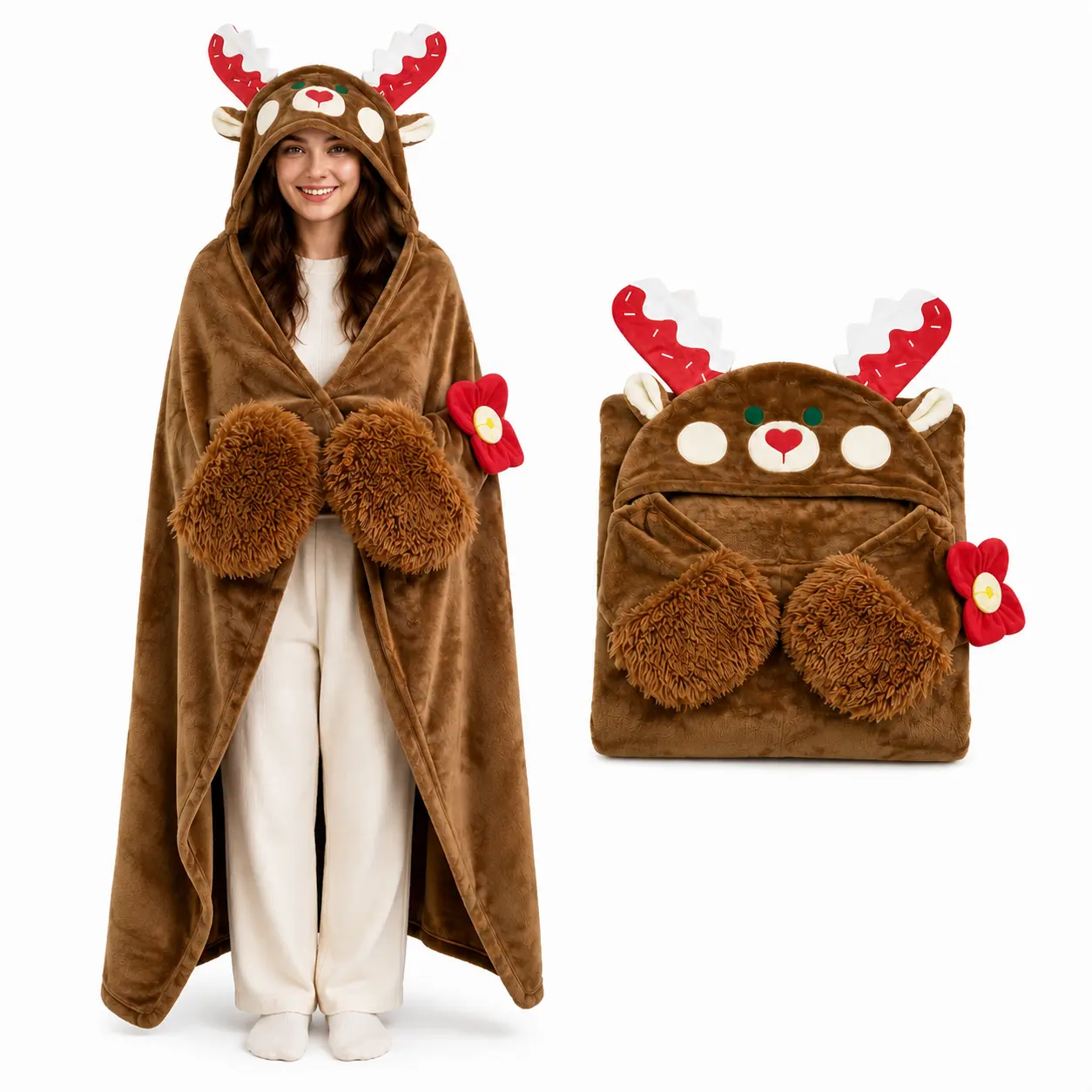 Christmas Reindeer Hooded Plushie Wearable Blanket - Oversized Soft Throw with Paw Pockets, Cozy Warm Winter Gift for Women, Cozy Warmth