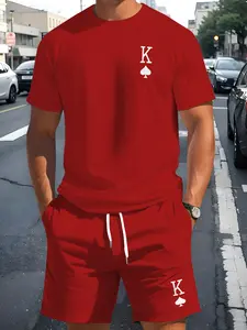 Trendy Red Poker K Print T-shirt & Shorts Set, Men's Streetwear Two-Piece, Casual Breathable
