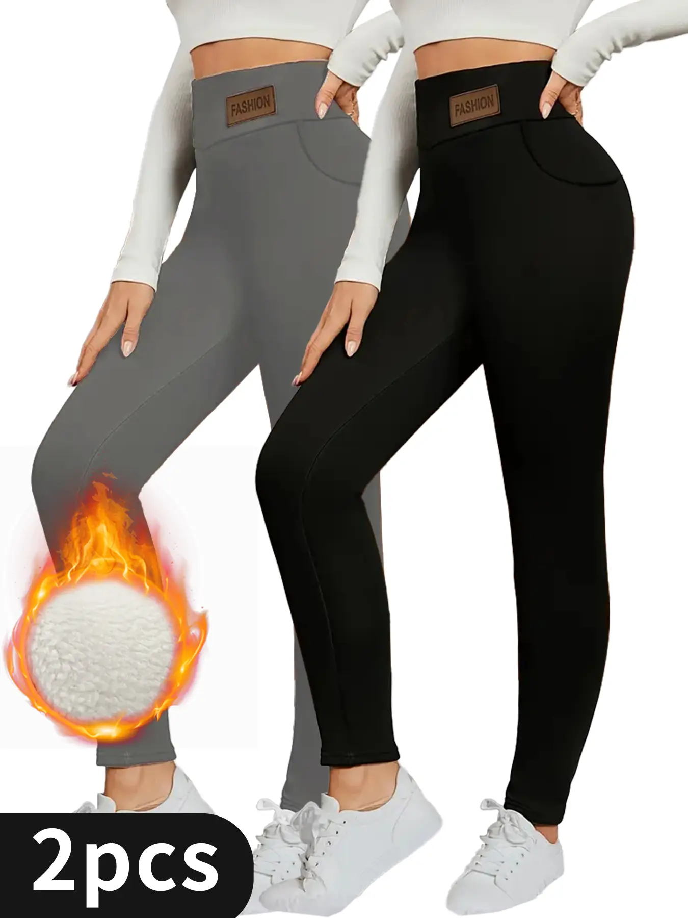 Women's Plus Size Fleece Thermal Leggings - 2pcs(Black+Grey), High Waist, Belted, Slim-Fitting, Warmer Bottoms for Fall & Winter Womenswear, Cold Wash & Dry Clean Compatible