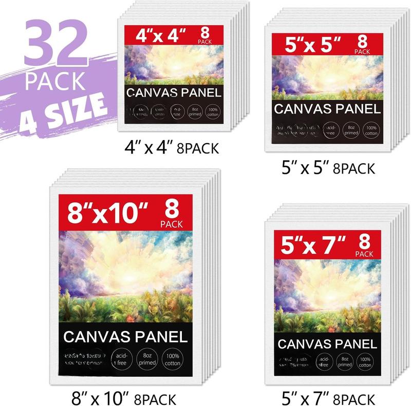 Canvas for Painting, 32 Pack Multi-Size Canvas Boards for Painting 8 count of Each 4x4, 5x5, 5x7, 8x10 Blank Canvases-Cotton Primed Painting Canvas Panels for Adult &  for  Oil