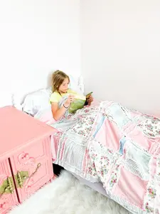 Pink Floral Rag Quilt | Shabby Chic Bedding | Cottagecore Twin Queen King Quilt