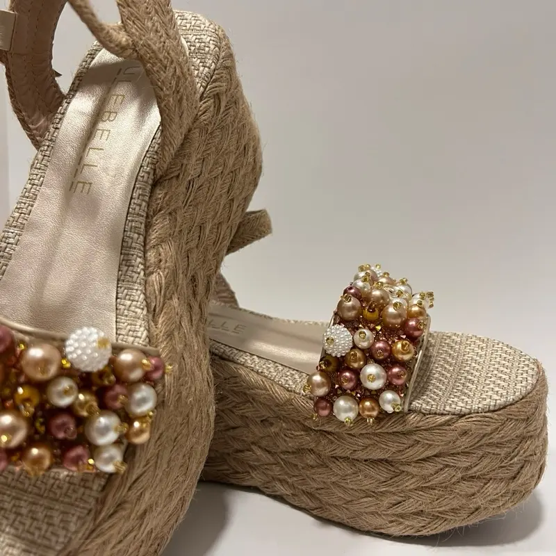 Girl Vergeelle Women's Beaded Wedge Sandals with Pearl and Crystal Embellishments for Summer Fashion - Stylish Espadrille Wedges