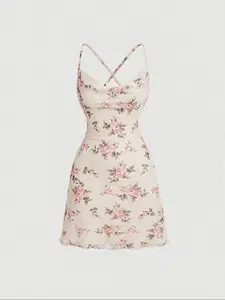 Women's Floral Print Lettuce Trim Cowl Neck Spaghetti Strap Tulle Cami Sleeveless Dress, Casual Boho Bohemian Boho Fashion Criss Cross Backless A Line Short Dress for Beach Holiday Vacation, Ladies Dress for All Seasons, Boho Style Dresses