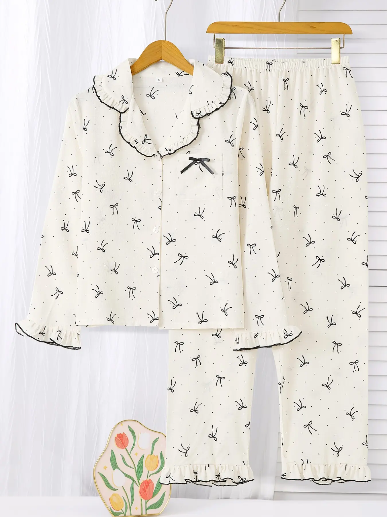 Women's Elegant Cute Two-Piece Pajama Set, Simple Long Sleeve Cardigan with Polka Dot Bow Details, Straight Leg Pants for Cozy Homewear, Loungewear, Nightwear, Pjs, Pyjamas