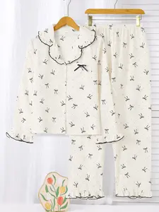 Women's Elegant Two-Piece Pajama Set Loungewear, Simple Long Sleeve Cardigan with Polka Dot Bow Details, Straight Leg Pants for Cozy Home Wear
