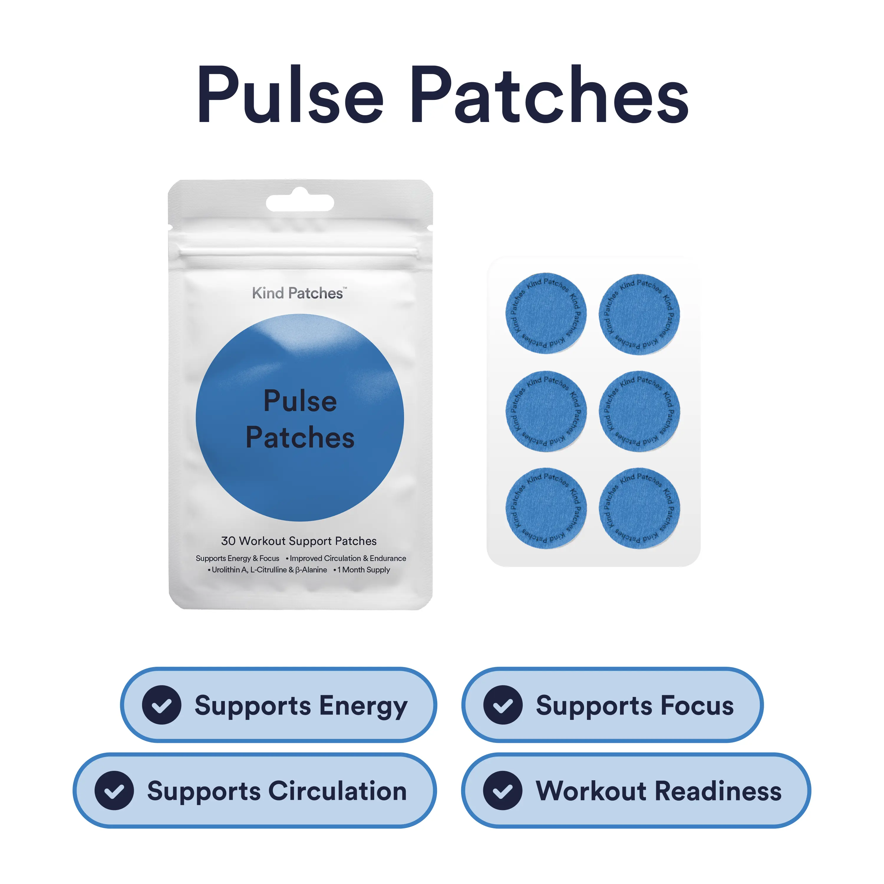 Kind Patches Pulse Patches, 30 Performance Support Patches, Energy & Focus Support, Workout Readiness & Daily Movement Support, Steady Release Formula, Vegan, Natural Ingredient,1 Month Pack