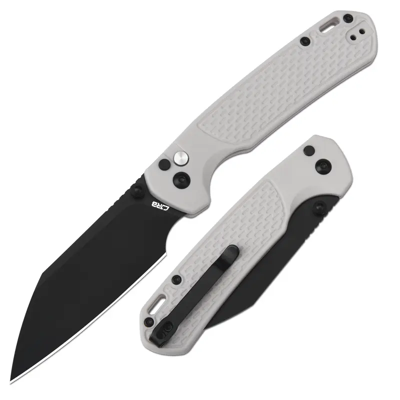CJRB Large Pyrite-Light Pocket Knife, AR-RPM9 Steel Blade, Light Grey FRN Handle, Button Lock Safety Switch for Camping, Hunting and Everyday Carry