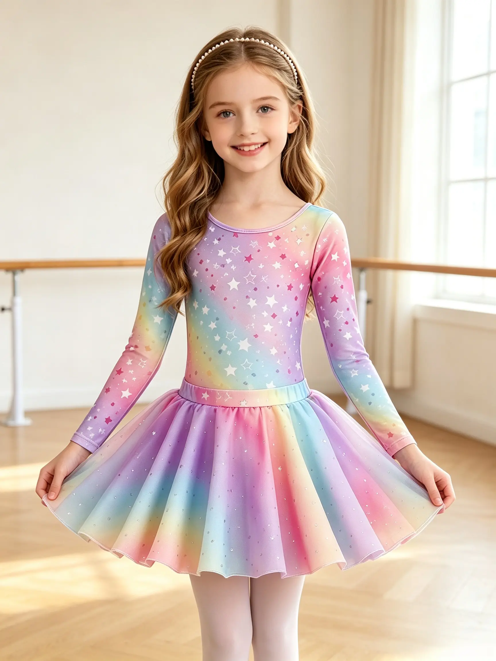 Girls' 2-Piece Ballet Set, Full Sleeves Rainbow Star Nylon Leotard with Removable Tulle Skirt for Gymnastics & Dance, Long Sleeve, 2-3T