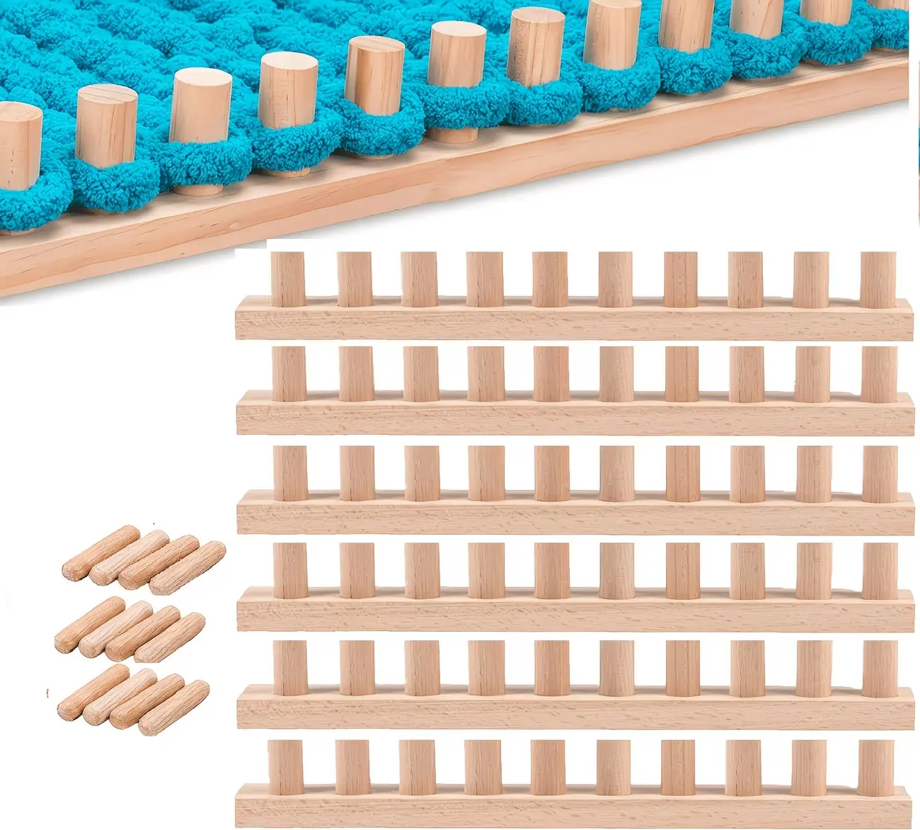 Wood Knitting Loom Set - 6-Piece 95in Adjustable Solid Wood Chunky Knit Loom Kit, Needle-Free Hand Weaving for DIY Yarn Handcrafting, Beginner-Friendly Home Decor Haberdashery with Compact Storage