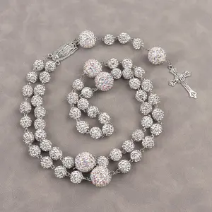 Long rosary cross necklace Sweater necklace Diamond gradient ball chain Men's and women's accessories Crystal cross pendant