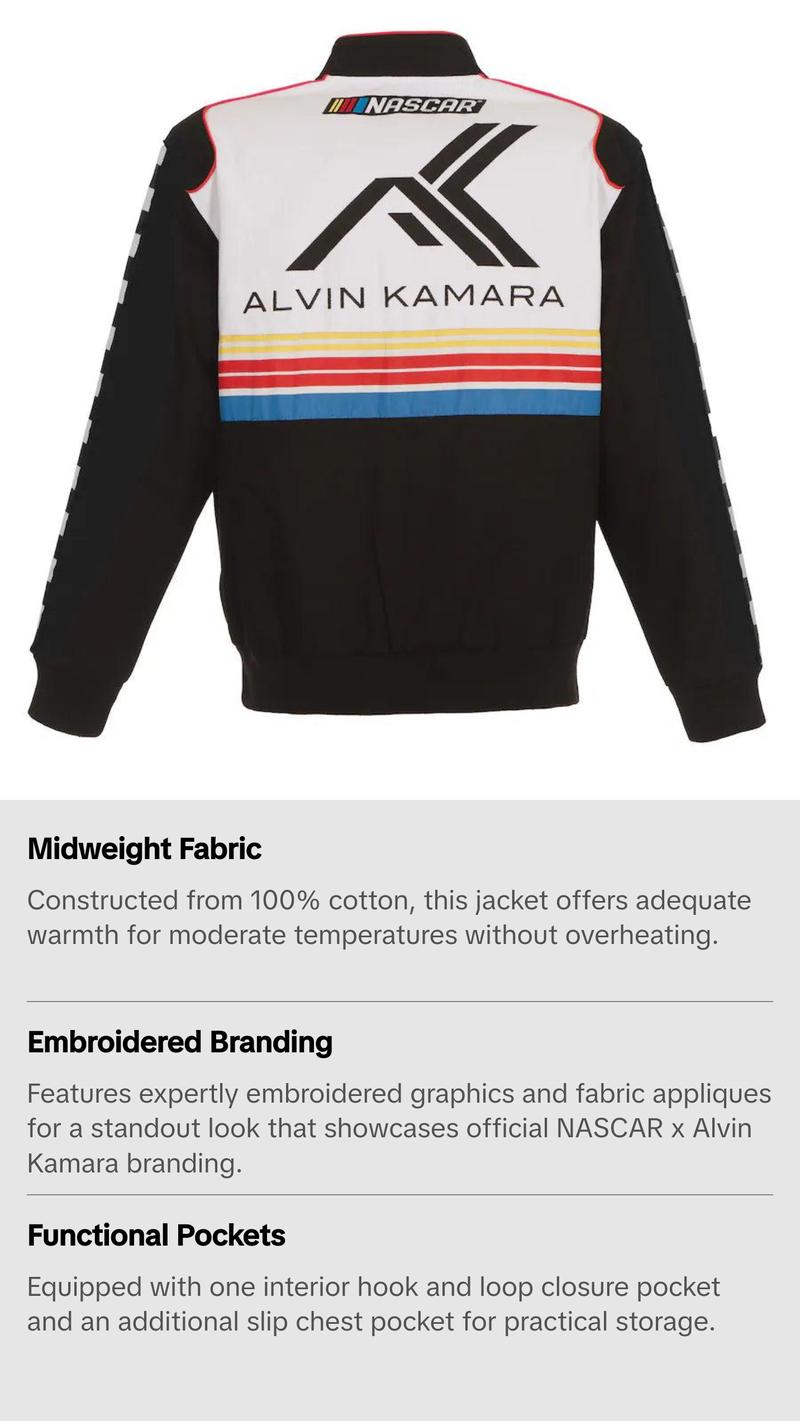 Men's JH Design Black/White NASCAR x Alvin Kamara Logo Full-Snap Twill Jacket Men's JH Design Black/White NASCAR x Alvin Kamara Logo Full-Snap Twill Jacket