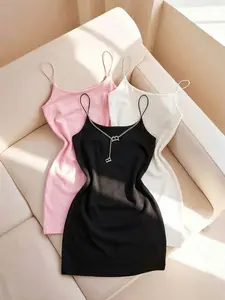 Black / Pink / White Three-Color Basic, Sleeveless Camisole Bodycon Dress - Simple, Versatile, Minimalist and Chic Style, Slim-Fitting and Figure-Flattering Tight Short Skirt, Suitable for Casual Wear, Daily Commuting, Going Out, Loungewear
