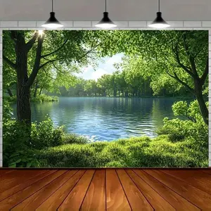 1PC,2D Flat Natural Lake Forest Themed Door Banner, Cross - border E - commerce Festival Decoration, Fresh Green Trees and Lake Door Curtain, Home Decor Hanging Cloth for Festival Atmosphere, O