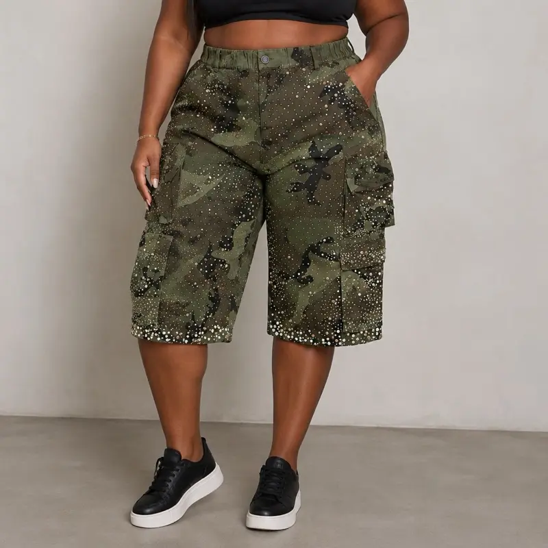 ALL OVER RHINESTONE PEARL CAMO JORTS (PLUS