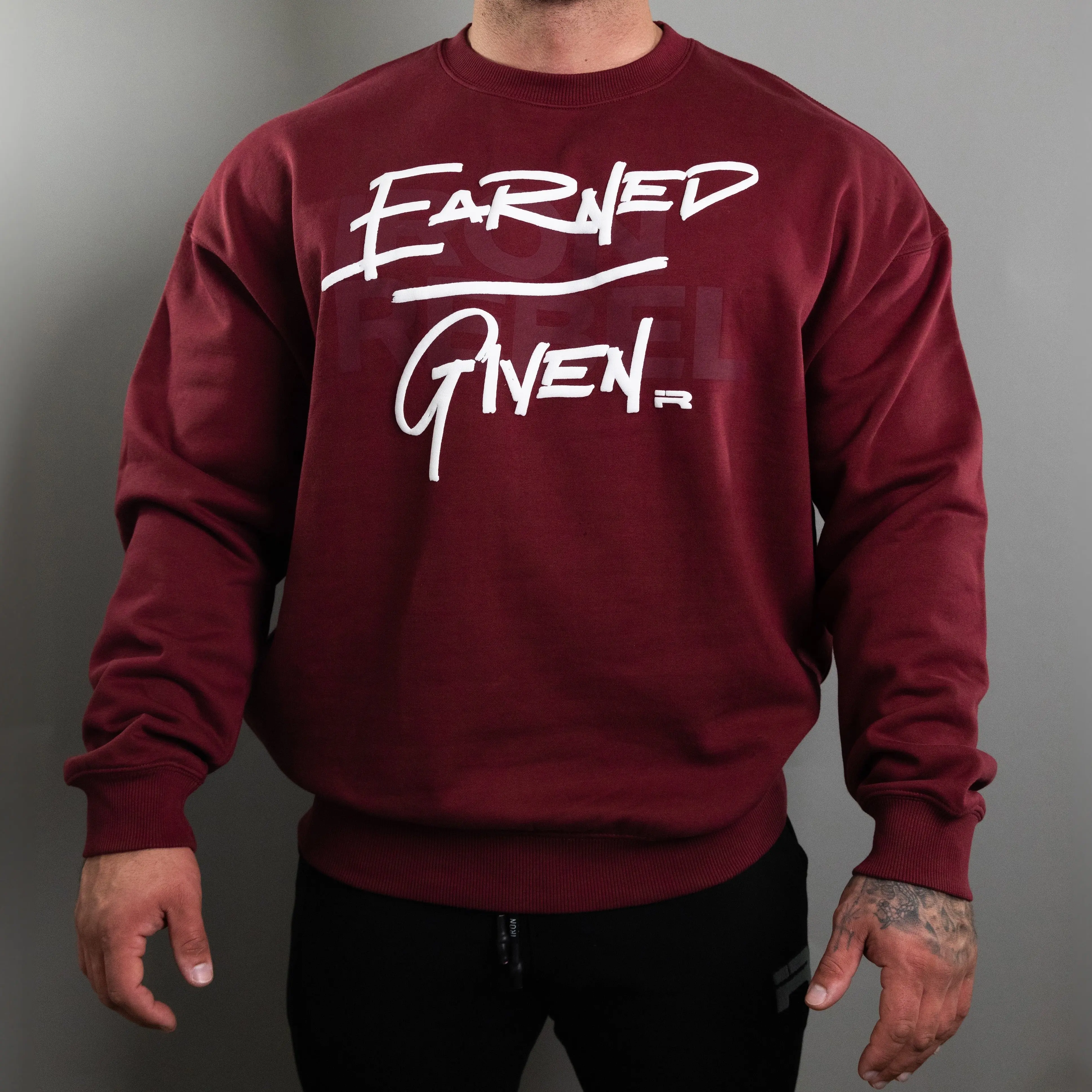 Earned/Given Graphic Crewneck (Maroon) – Soft Cotton Fabric Sweater for Gym & Everyday Casual Streetwear