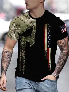 Camouflage Punisher Skull American Flag Print Short Sleeve T-Shirt, Military Cool Casual Loose Fit Top, All over Random Print, Menswear, Streetwear