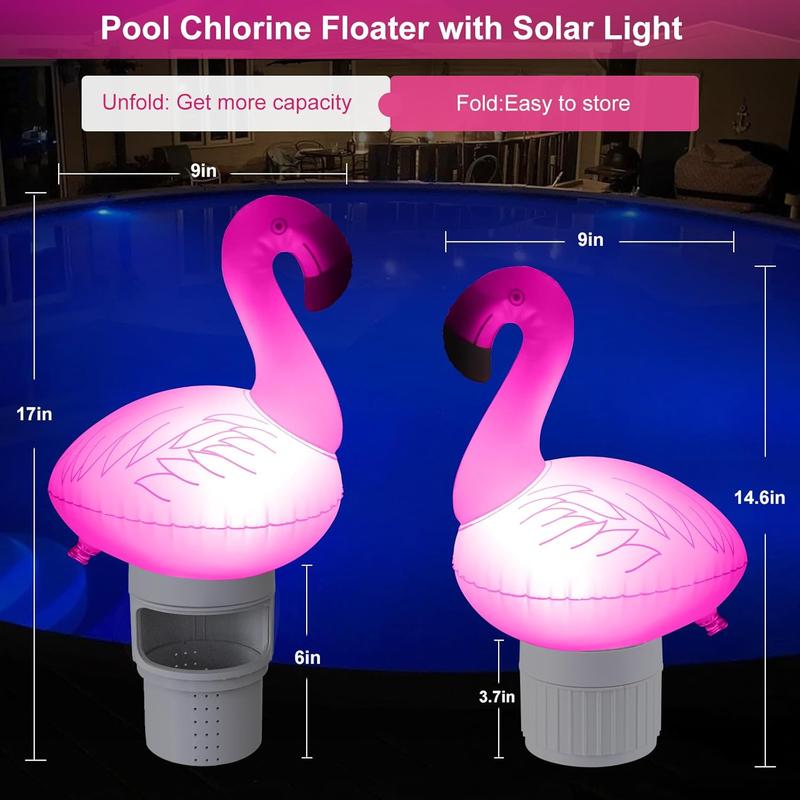 Pool Chlorine Floater with Solar Light, Inflatable Flamingo Floating Chlorine Dispenser for 3 inch Chlorine Tabs, Never Sink Bromine Chlorines Tablet Holder Floater for Pool, Hot Tub,Spa