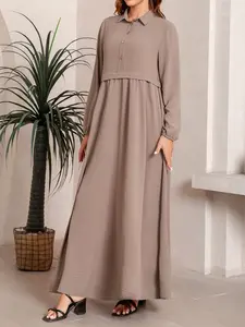 Women's Elegant Loose-Fit Long Sleeve Dress, Fall & Winter Woven Fabric, Casual Daily Wear, Modest Design, Large Skirt Hem, Modest Style Dress