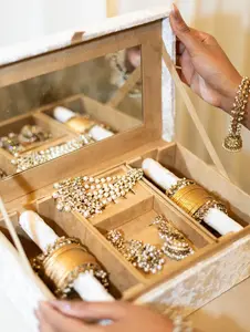 Handmade White Velvet Trousseau Box: Bridal Keepsake with Zardozi Embroidery