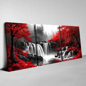 3pcs Wood Framed Canvas Wall Art - Vivid Red Tree & Waterfall Landscape, Detailed Leaf Art, Ready to Hang with Hooks, High-Quality Canvas & Wood Frame for Living Room, Office, Study Decor, Office Artwork Forest Decor  12*16In(30*40cm)/16*24in(40*60cm)