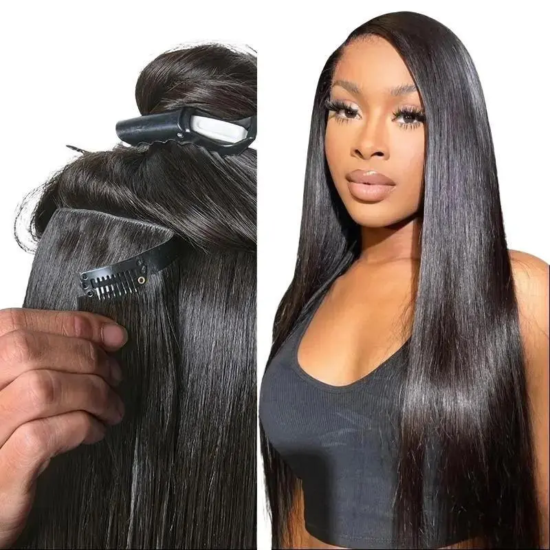 LUVME 100% Virgin Human Hair Extensions Seamless & Invisible Edge Straight, Body Wave, Kinky Curly, Yaki Straight, Messy Burmese Curl Clip-In