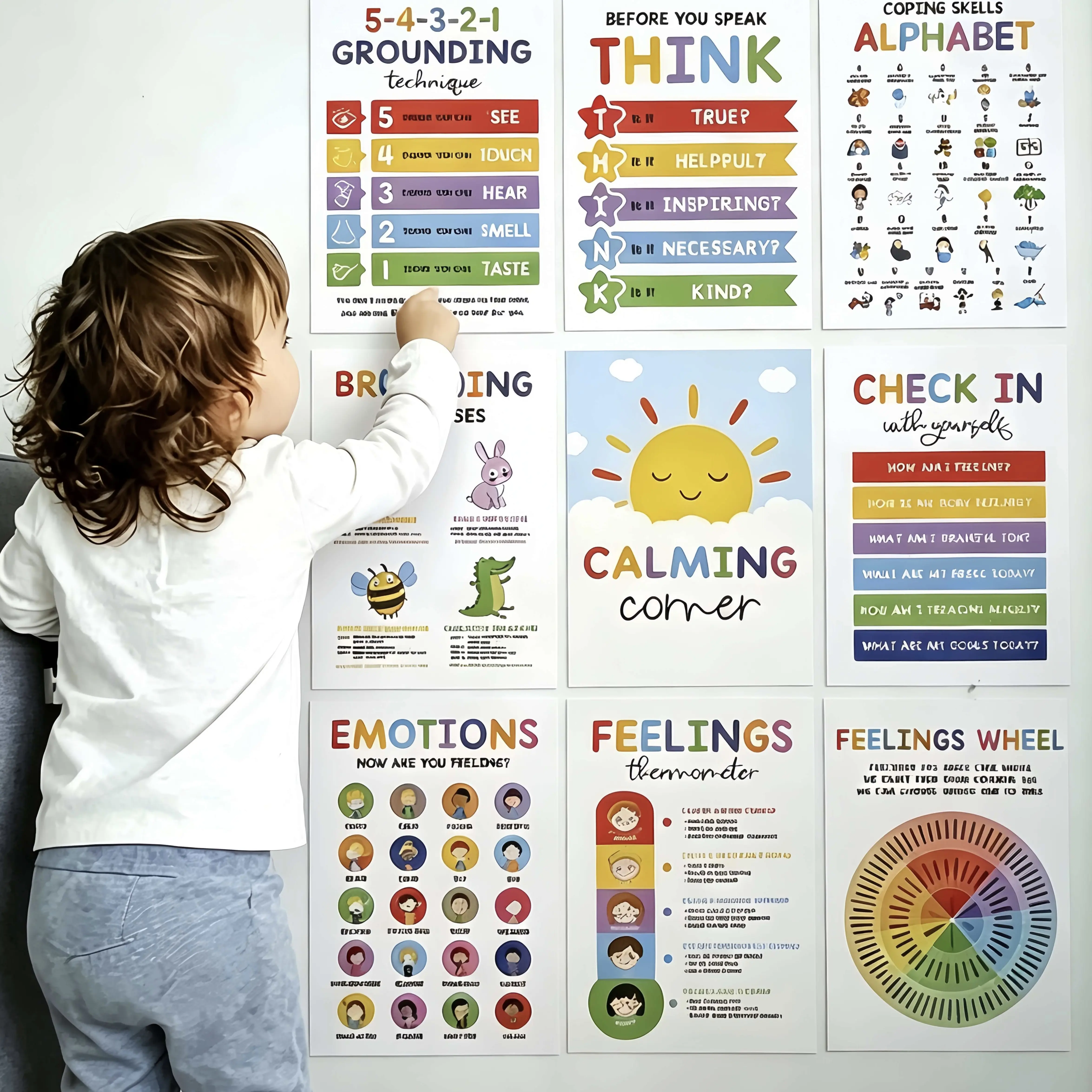 12Pcs Mental Health Posters for Classroom Calm Down Corner, Emotional Regulation Coping Skills Posters, Grounding Techniques Wall Art, School Counselor Therapy Office Decor, Social Emotional Learning SEL Posters for Kids Teens Home Bedroom Decor