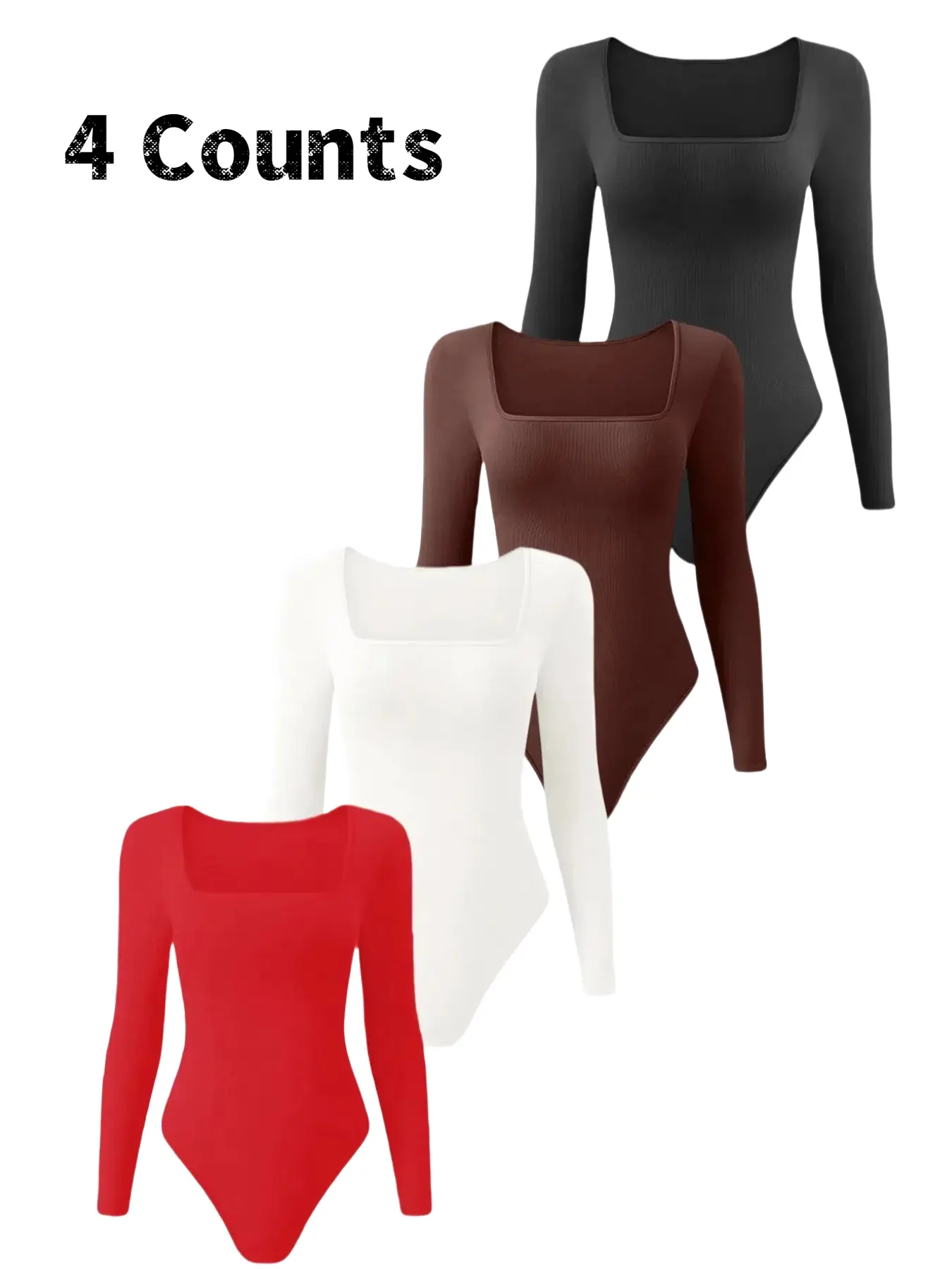 Women's Long Sleeve Knit Shapewear Bodysuit, Thong Design, Square Neck Slimming Tummy Control, Ladies Underwear & Shapewear