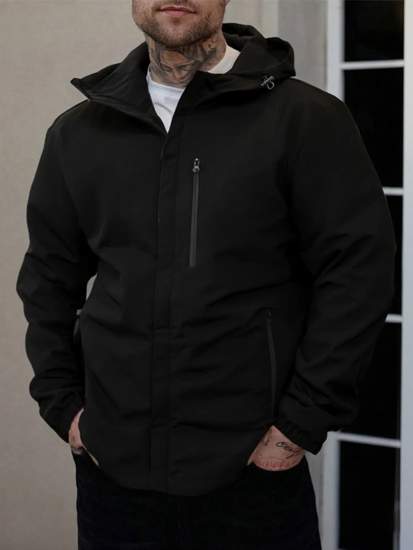 Men’s Hooded Windproof Plain Tops, Menswear Outerwear with Multiple Zipper Pockets, Casual Outdoor Coats
