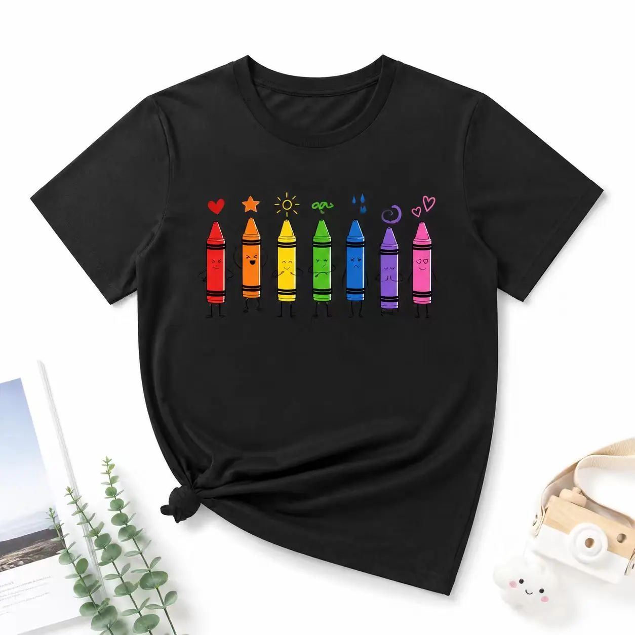 Colorful Crayon Graphic T Shirt Women Men, Cute Rainbow Pencil Art Tee, Creative Casual Short Sleeve Shirt, Fun Teacher Artist Gift Top