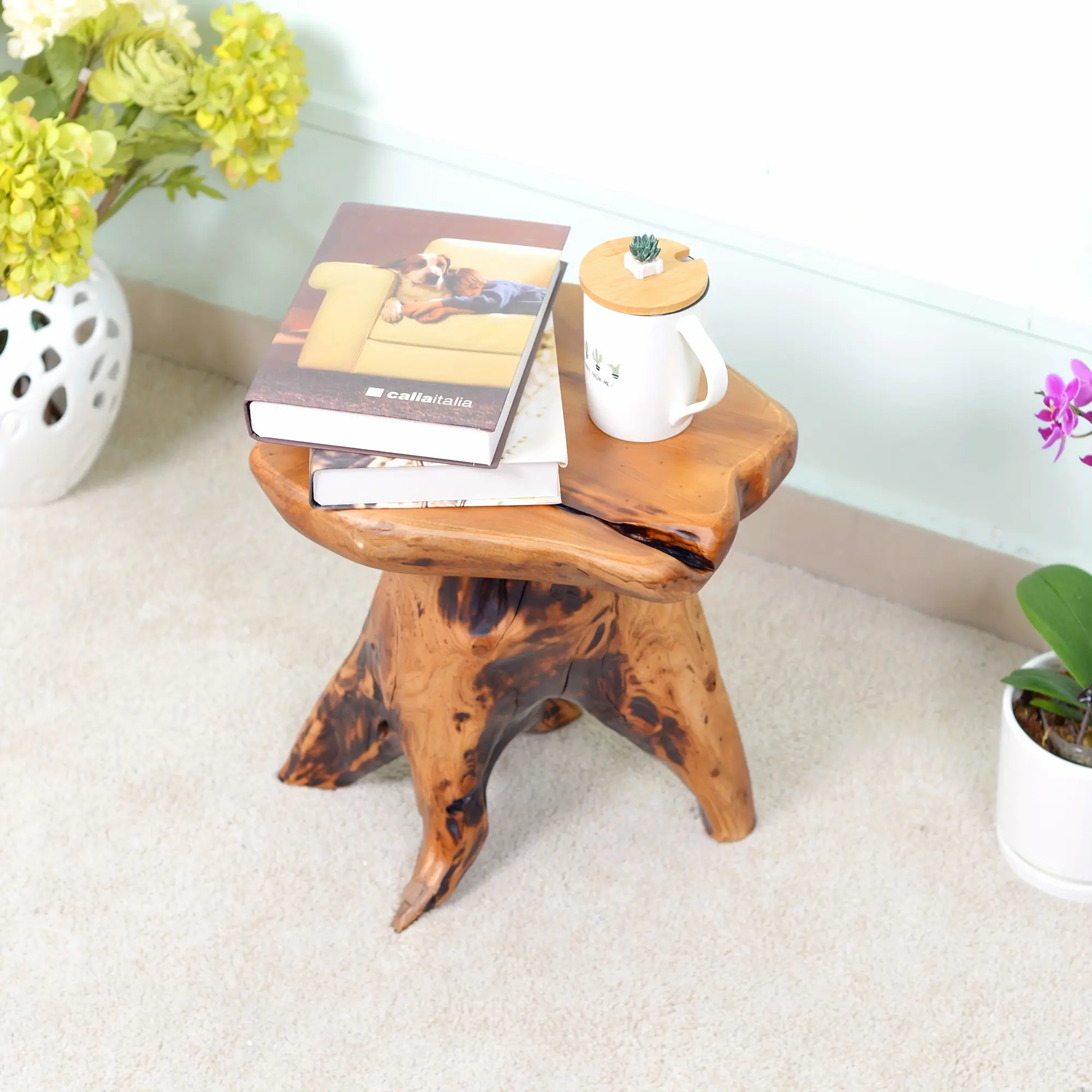 Organizedlife 1pc Natural Edge Cedar Wood Tree Stump Garden Stool End Table Indoor/Outdoor, Small Wooden Mushroom Side Table for Restaurant