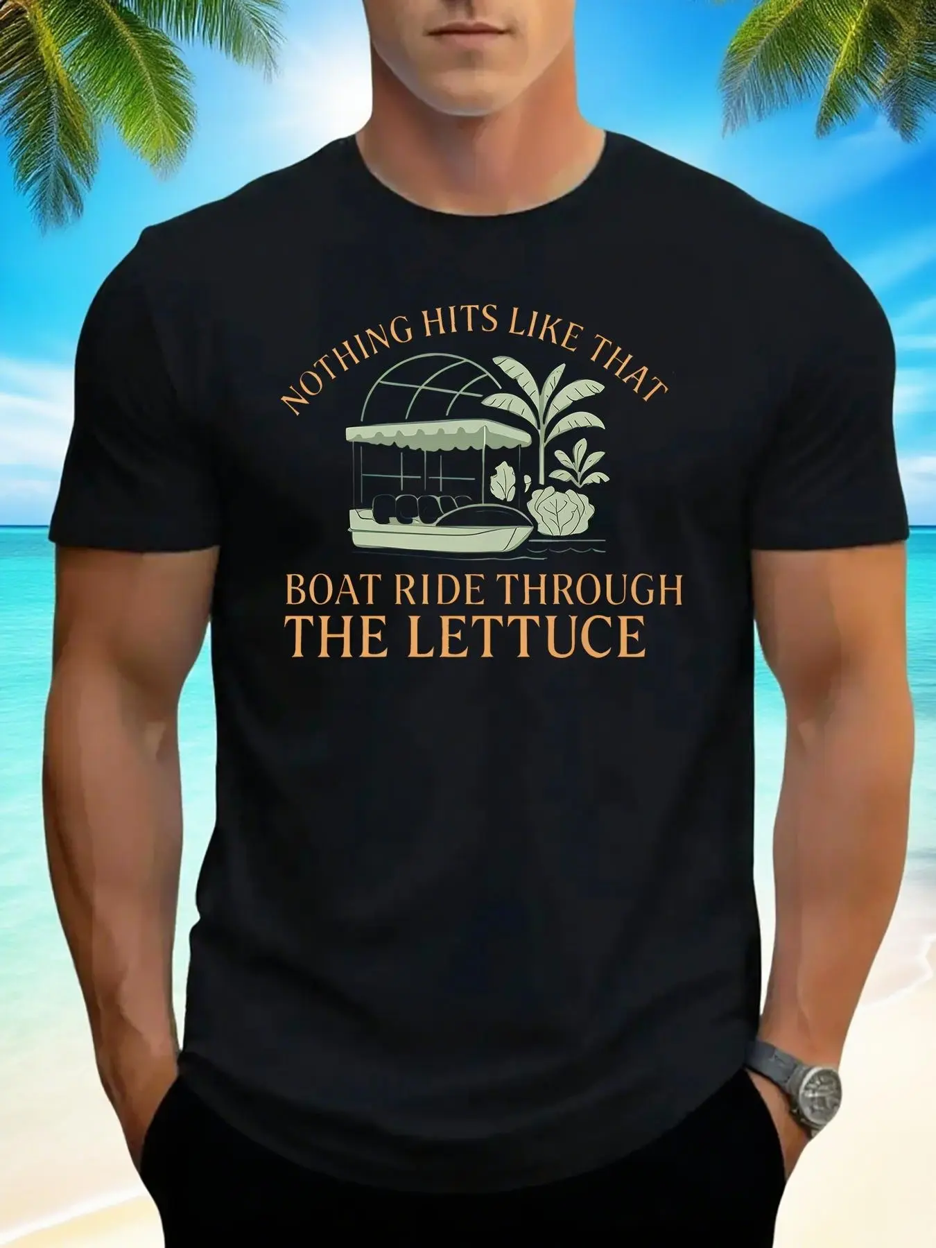 Retro T-Shirt Featuring a Vintage EPCOT Greenhouse Tour Design, Complete with a Boat Ride Graphic And The EPCOT Logo Alongside a Lettuce Motif.Ideal for Theme Park Enthusiasts, Themed Occasions