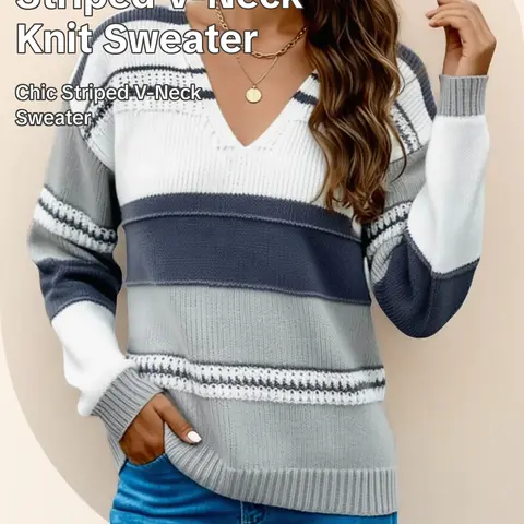 Women's Spring & Fall Fashion Striped Color Block Long Sleeve Sweater, V Neck Warm Knit Pullover for Casual and Party Wear