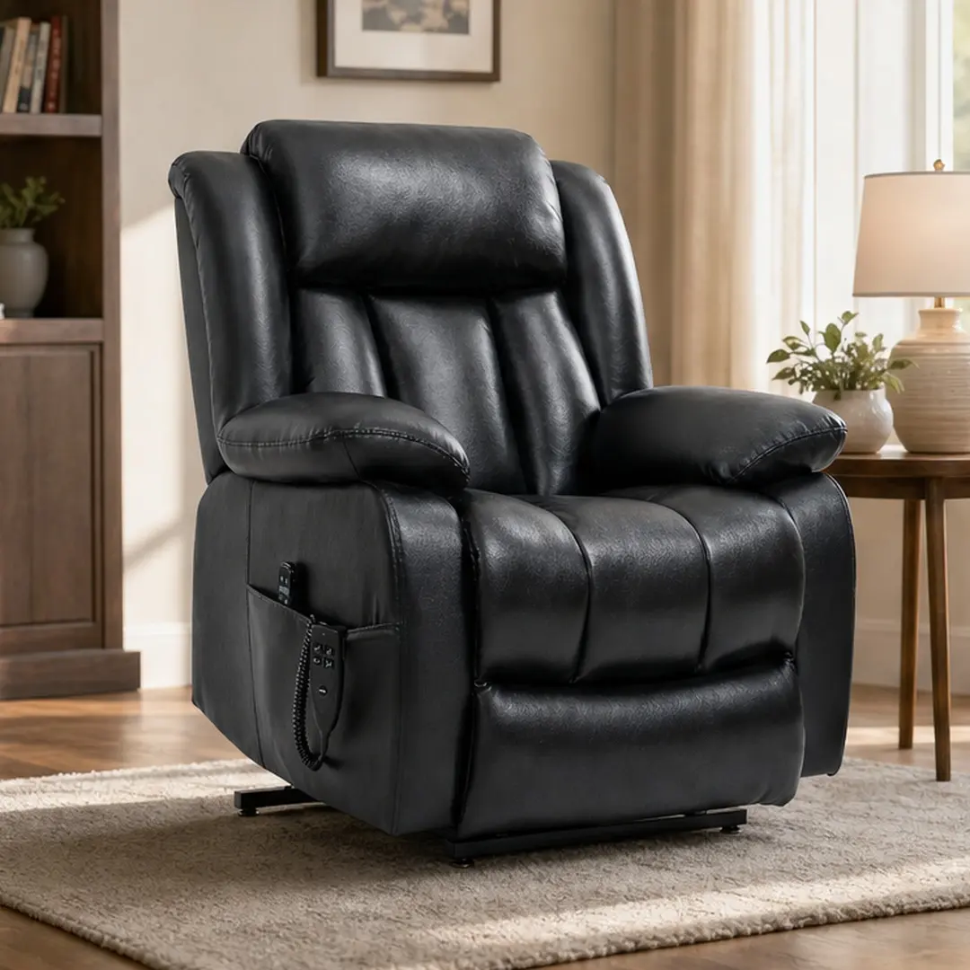 ARCH Dual Motor Power Lift Recliner Chair for Seniors - Genuine Leather Black Medium Size, 350 LBS Capacity, 8-Point Vibrating Massage, Lumbar Heating, Cushioned Foam Pillow Top Arms & Back, American Aesthetic Heavy-Duty Adjustable Living Room Chair, Time