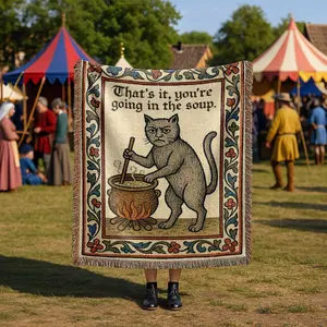 Weird Medieval Cat Woven Tapestry | Funny Medieval Magical Esoteric Throw Blanket | Quirky Witchy Vintage Bookish Home Decor Gift