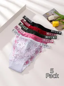 Love Sparkly Lace Women's Briefs, Fitted Lace Panties, Fashion Rhinestone Design, Breathable Sexy Pure Desire Underwear, Multi-Color, 5 Pcs Set, All Seasons, Lingerie, Lace String Panties
