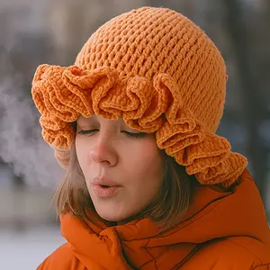 Women'S Bohemian Fisherman Hat - Hand- Crochet Bucket Hat with Ruffle Edge, Elastic Fit for Christmas, Parties, Everyday - Orange/Red/Green - Lightweight & Easy-Care Hat for Women, Festive Headwear, Retro Street Style, Durable Construction, Stylish Headwe