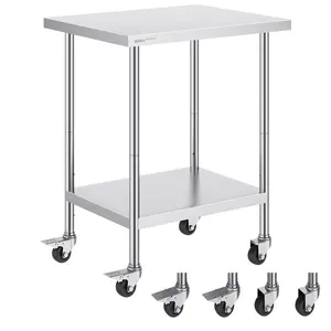 Stainless Steel Work Table With 4 Locking Wheels, 24 X 30 X 38 Inch, Three Adjustable Height Levels, Heavy Duty Food Prep Table For Commercial Kitchen, Restaurant Use, Silver Finish