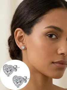Sparkling Cubic Zirconia Heart Stud Earrings, Silver Color &, Fashion Jewelry for Daily Wear, Party, Wedding, Valentine's Day Gift, Cute Earrings, Elevate Any Outfit, Studs Earrings