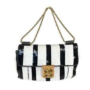 Pre-owned Chloé Sequin Shoulder Bags Chloe Elsie Medium Leather Stripe Black White GHW Rope Strap Shoulder Bag