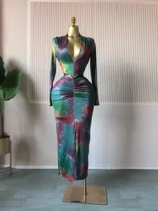 QFAF Deep V Neck Tie-Dye/Red Maxi Dress for Women｜Long Sleeve Bodycon Dress with Ruched Waist & Hip Sculpting, Stretchy Fabric, Curve-Hugging Fit, Front Slit Design, Sexy Elegant Look for Party, Night Out & Special Occasions, Formal Wear