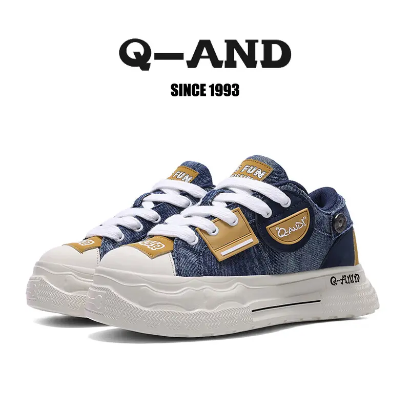 Q-AND 2026 Chunky Mid Top Retro Denim Sneakers - Letter Print Soft Denim Canvas Women's Casual Trainers, All Seasons Walking Shoes for Casual Activities, 90S Vibe Round Toe Ankle Lace-Up Knot Footwear, Athletic, Training